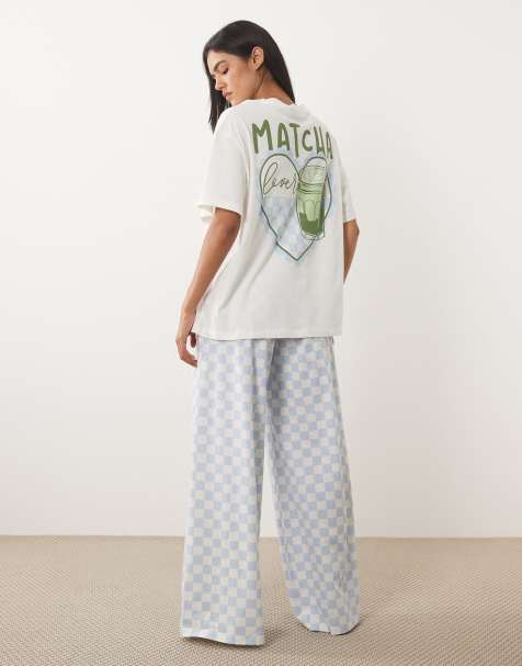 ASOS DESIGN oversized top and wide leg trouser pyjama set in matcha print - view 1