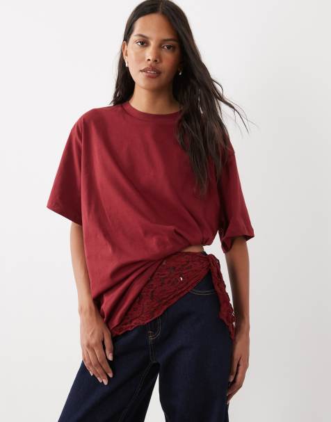 ASOS DESIGN oversized top med korte ærmer og blondedetalje i burgundy - view 1