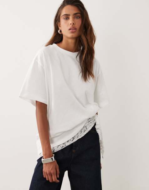 ASOS DESIGN oversized top med korte ærmer og blondedetalje i hvid - view 1