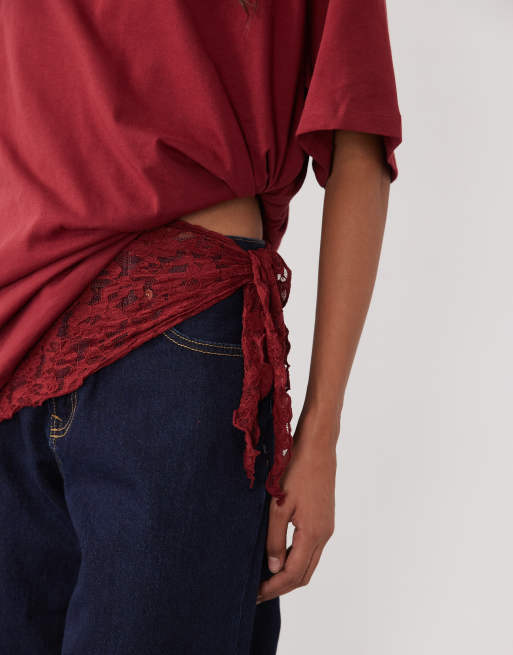 ASOS DESIGN oversized top met korte mouwen en kanten bandana in bordeauxrood, 2 van 4