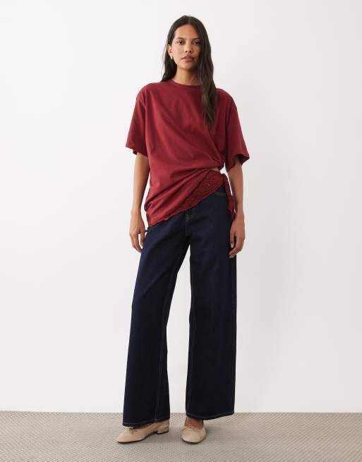 ASOS DESIGN oversized top met korte mouwen en kanten bandana in bordeauxrood, 3 van 4