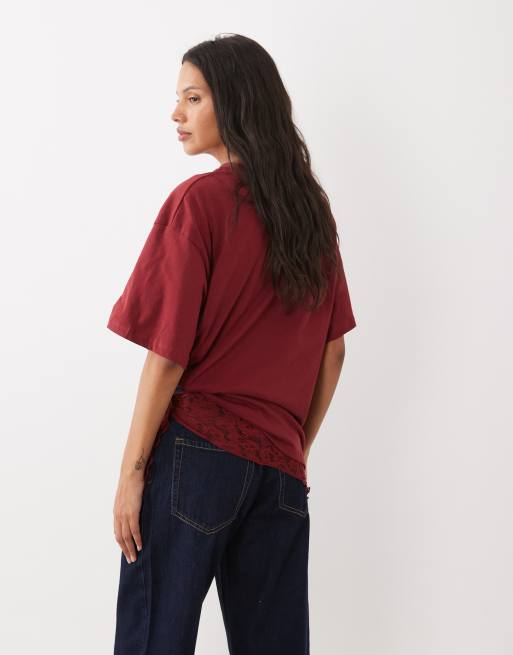 ASOS DESIGN oversized top met korte mouwen en kanten bandana in bordeauxrood, 4 van 4