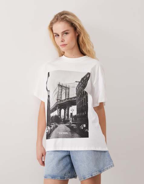 ASOS DESIGN - Oversized top met korte mouwen en New York-print in wit - view 1