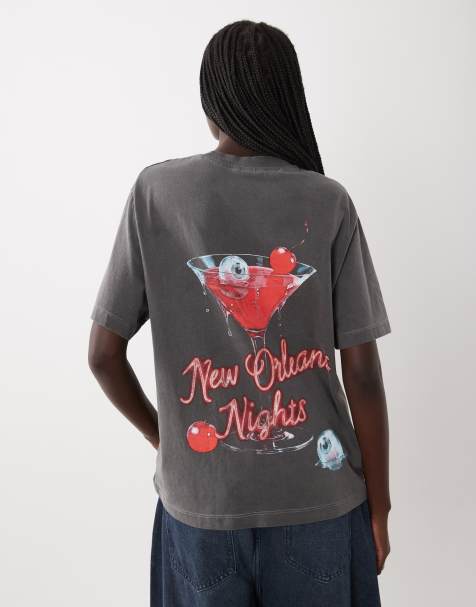ASOS DESIGN oversized top met korte mouwen, New Orleans Nights martini glass-graphic, in antracietgrijs met wassing - view 1