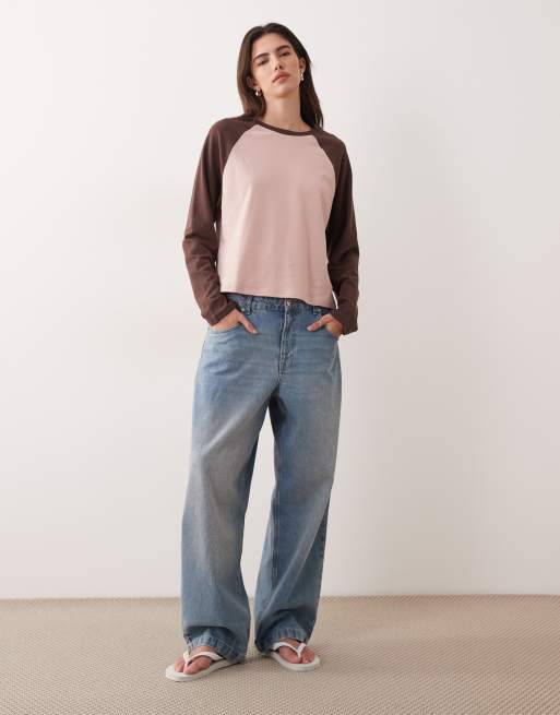 ASOS DESIGN - Oversized top met lange raglanmouwen en textuur in roze en chocoladebruin, 2 van 4