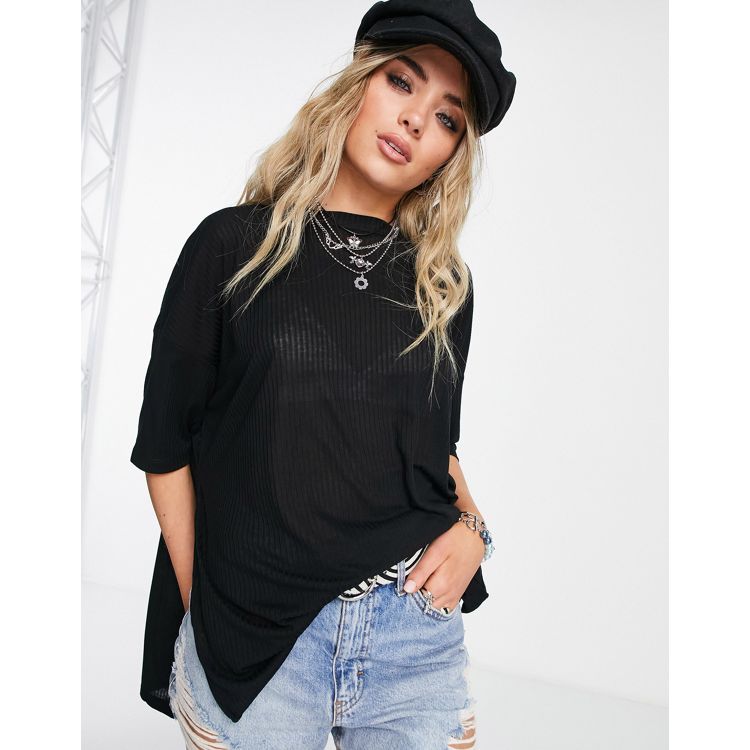 ASOS DESIGN oversized t-shirt with side splits and stitch detail in rib in  black