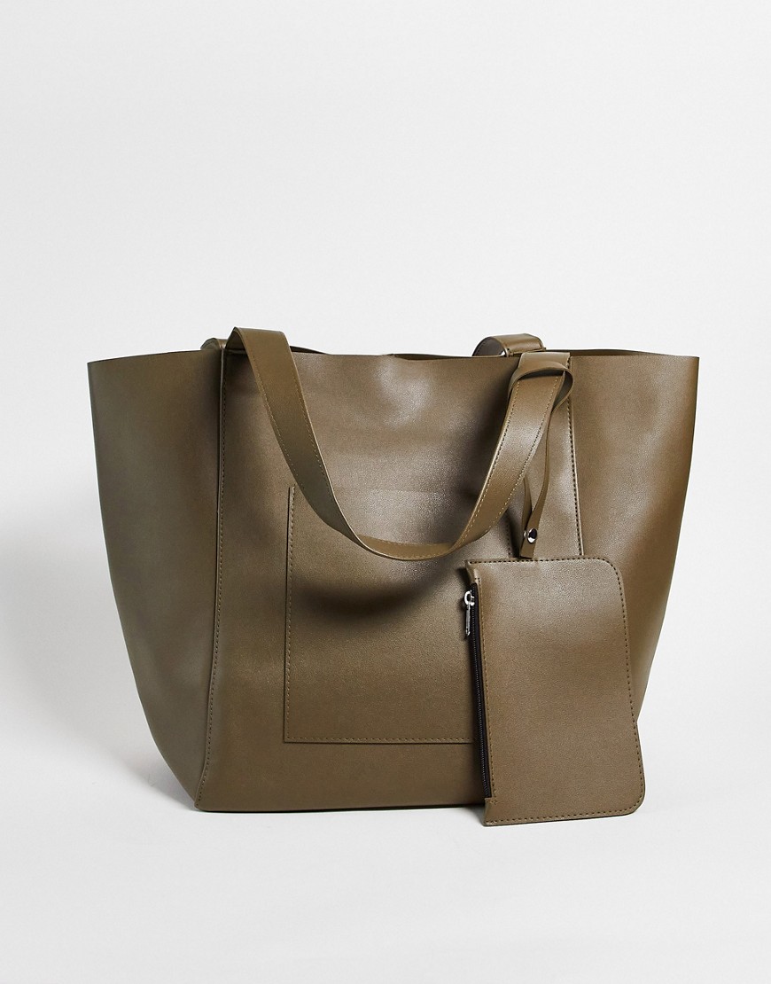 Asos Design Oversized Tote Bag In Khaki Faux Leather With Detachable Wallet-green