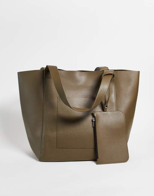 ASOS DESIGN oversized tote bag in khaki faux leather with detachable wallet