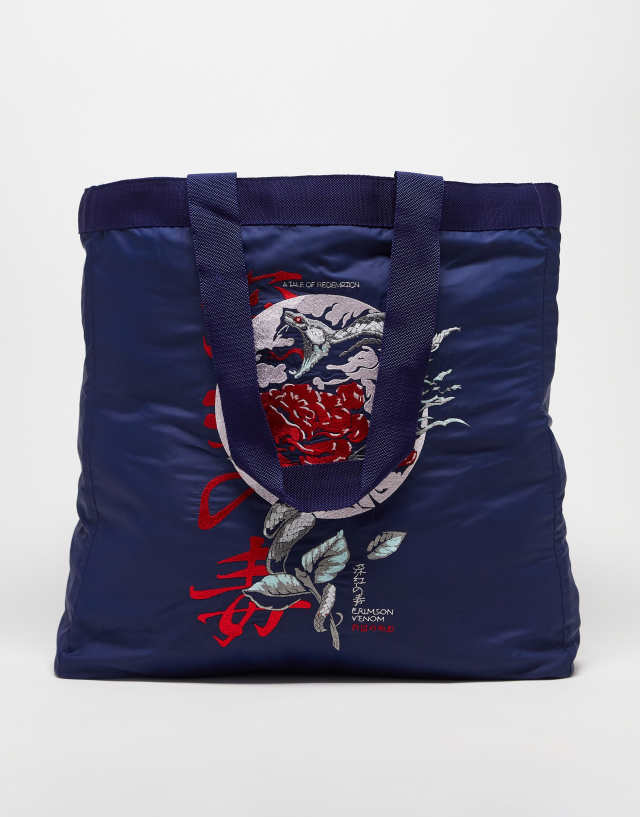 ASOS DESIGN oversized tote bag in navy with dragon embroidery