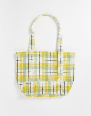 ASOS DESIGN oversized tote bag with woven check design in green and yellow