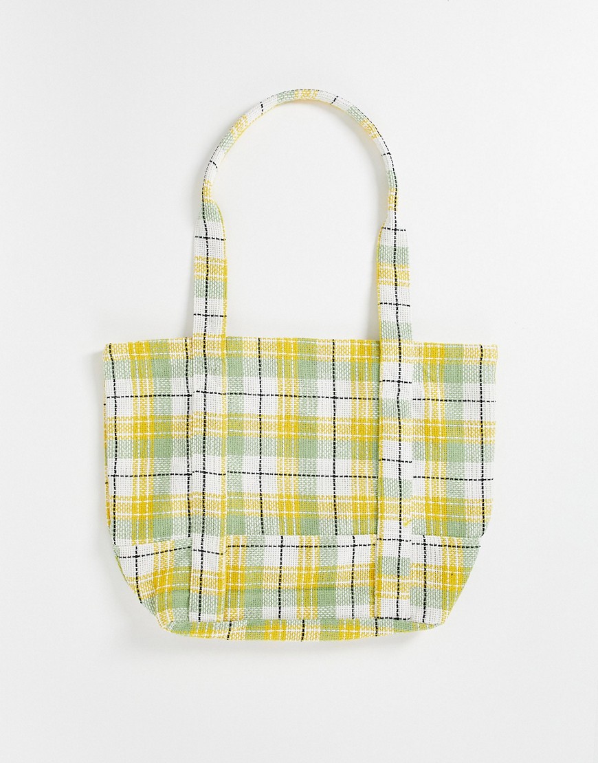 ASOS DESIGN oversized tote bag with woven check design in green and yellow-Multi