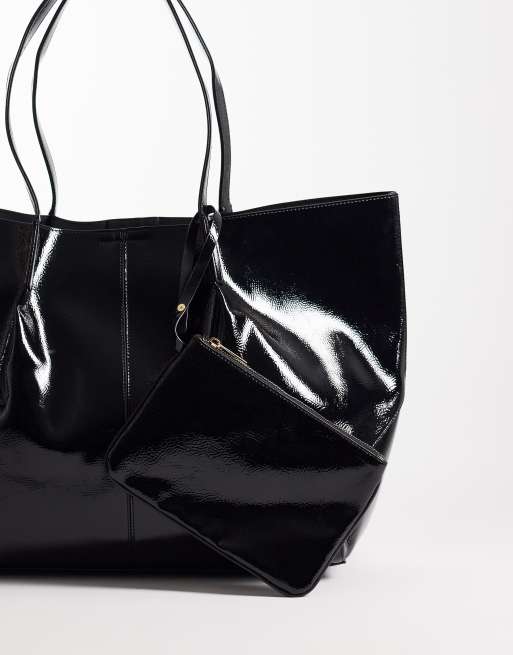 ASOS DESIGN - Oversized tote tas met tasje met rits in hoogglanzend zwart, 4 van 4