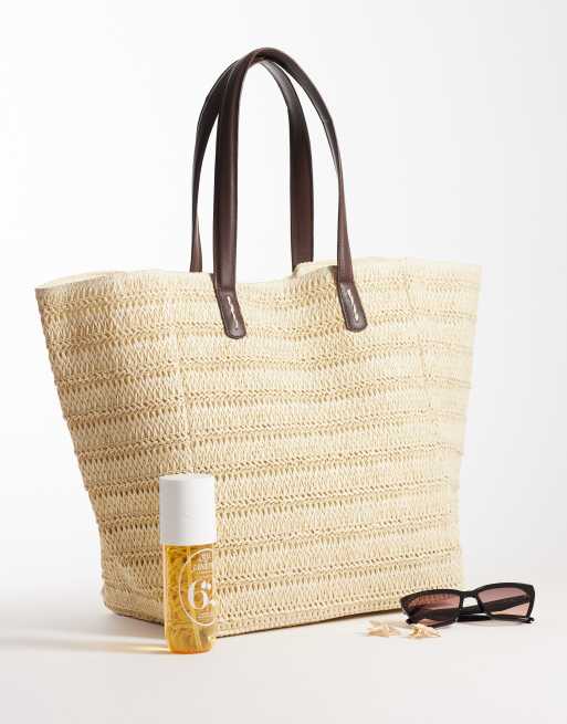 ASOS DESIGN - Oversized tote tas van stro met handvatten van PU, 2 van 4
