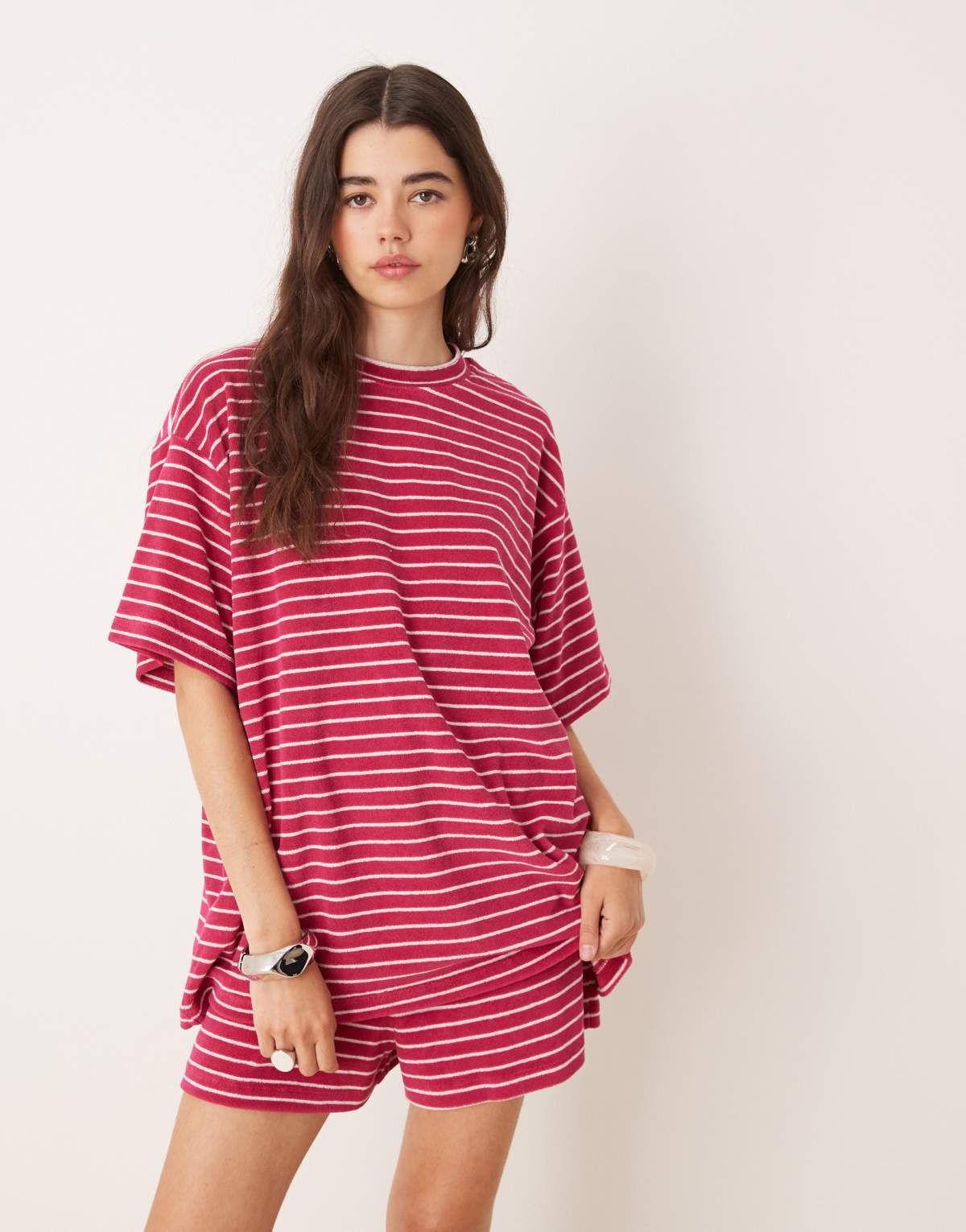 ASOS DESIGN oversized towelling t-shirt co-ord in pink stripe