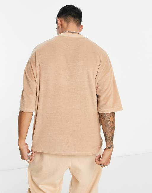 ASOS DESIGN oversized towelling t-shirt in beige with New York city  embroidery