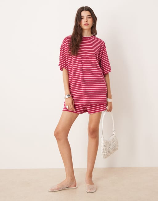 ASOS DESIGN oversized towelling t-shirt in pink stripe (part of a set), 4 of 4