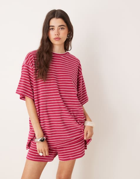 ASOS DESIGN oversized towelling T-shirt in pink stripe -set - view 1