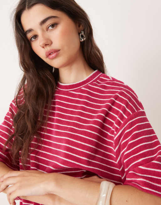 ASOS DESIGN oversized towelling T-shirt in pink stripe -set