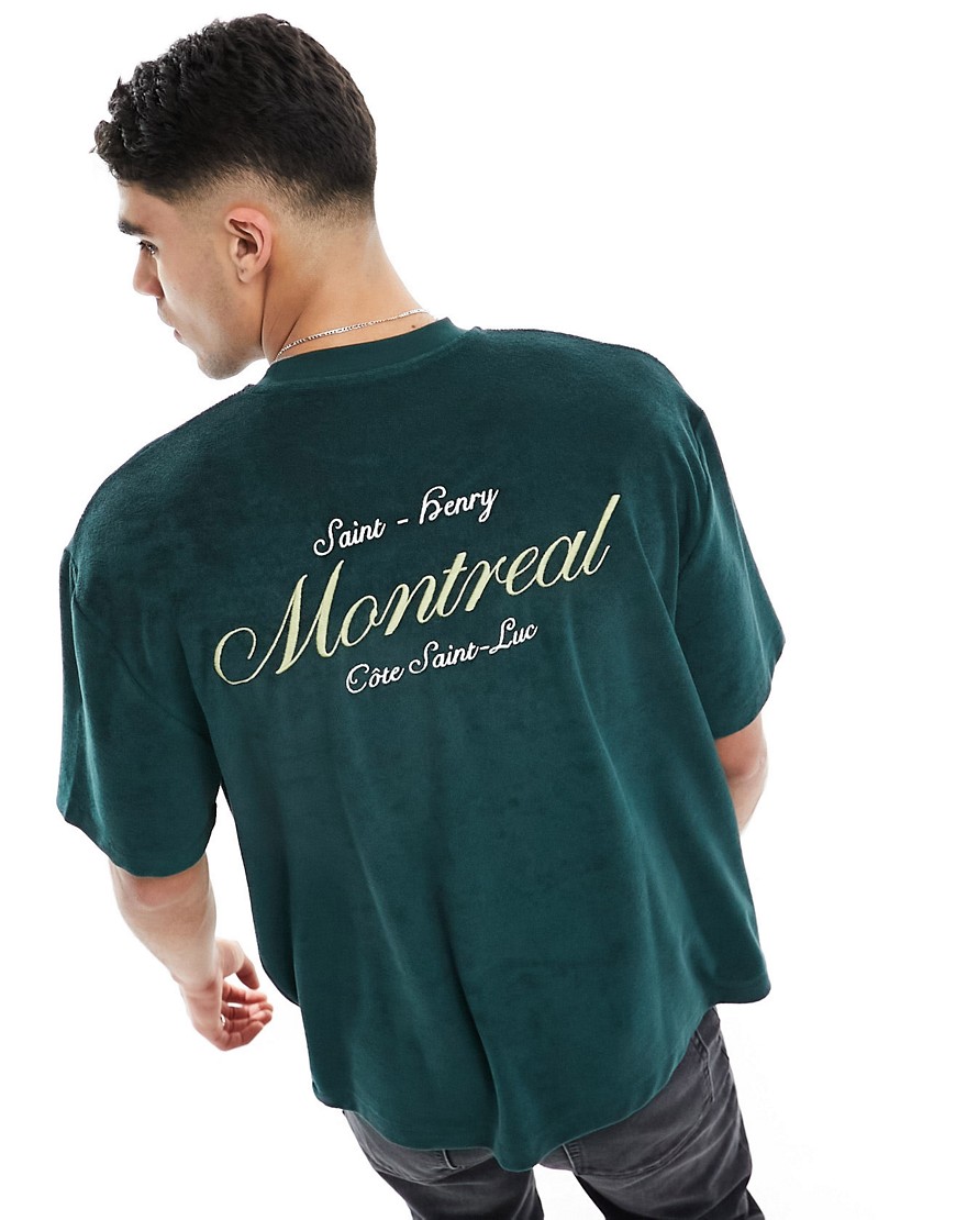 ASOS DESIGN oversized towelling t-shirt with back embroidery in dark green