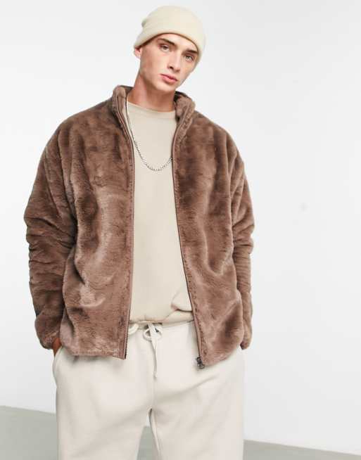 ASOS DESIGN oversized track jacket in brown faux fur | ASOS