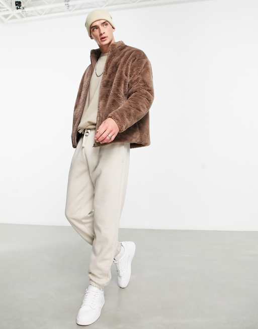 ASOS DESIGN oversized track jacket in brown faux fur