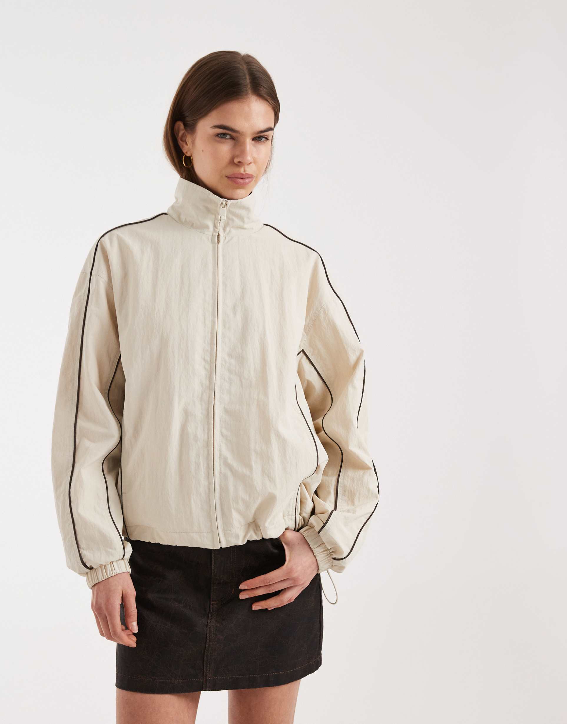 asos design oversized track jacket in cream with brown piping
