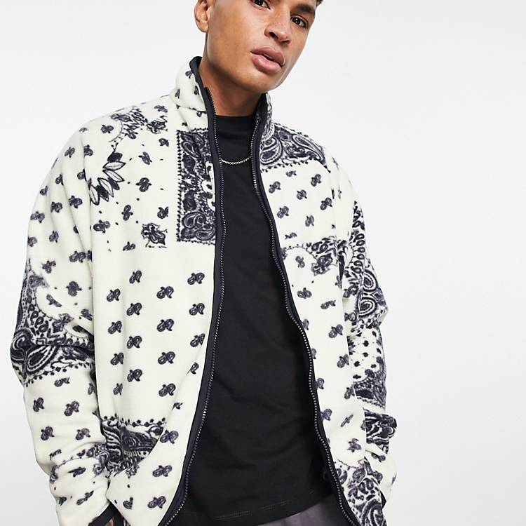 ASOS DESIGN oversized track jacket in fleece with white paisley bandana  print