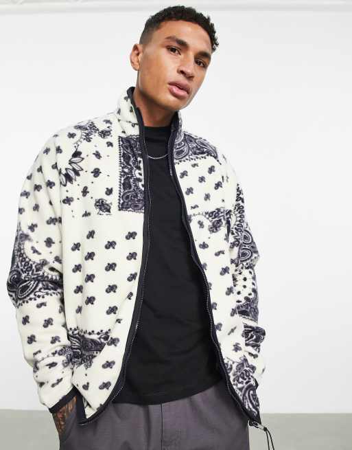 ASOS DESIGN oversized track jacket in fleece with white paisley bandana  print