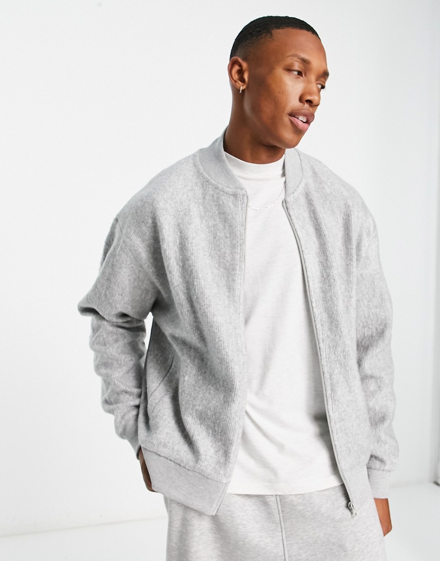 ASOS DESIGN oversized track jacket in gray brushed ribbed texture