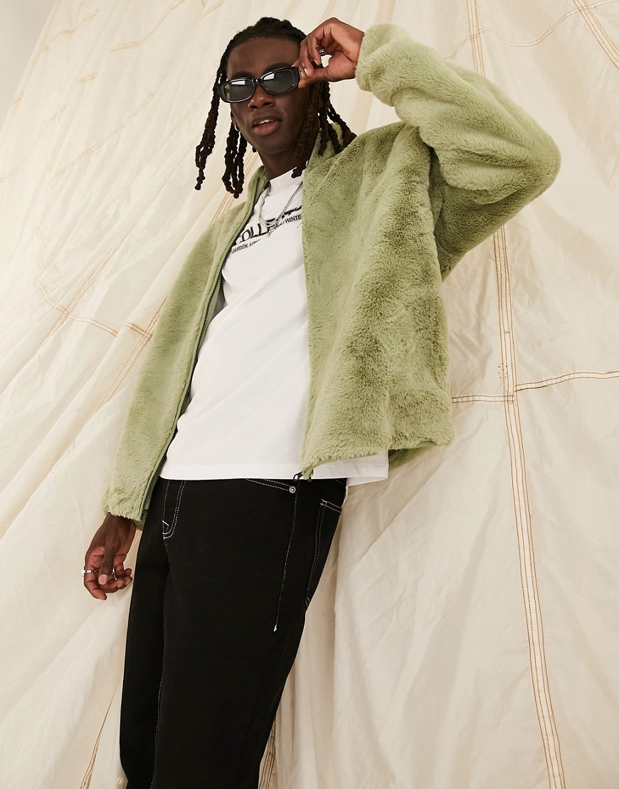 ASOS DESIGN oversized track jacket in green faux fur