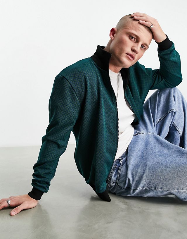 ASOS DESIGN oversized track jacket in green jacquard texture