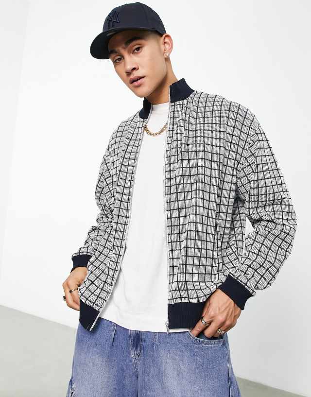 ASOS DESIGN oversized track jacket in navy check jacquard