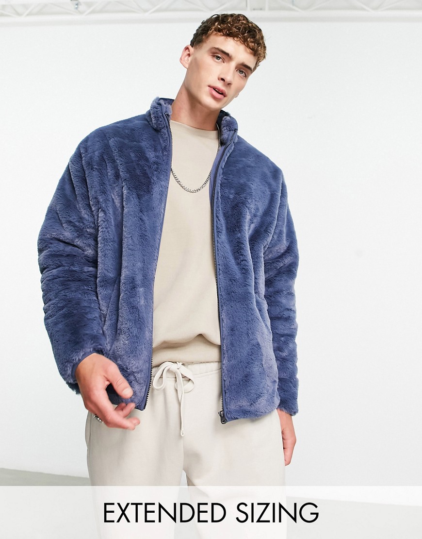 ASOS DESIGN oversized track jacket in navy faux fur-Blue