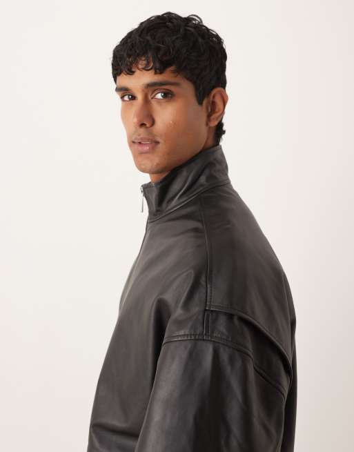 ASOS DESIGN oversized track jacket in real leather in black, 4 of 5