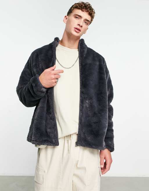 ASOS DESIGN oversized track jacket in washed black faux fur