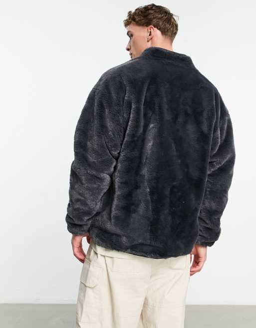 ASOS DESIGN oversized track jacket in washed black faux fur