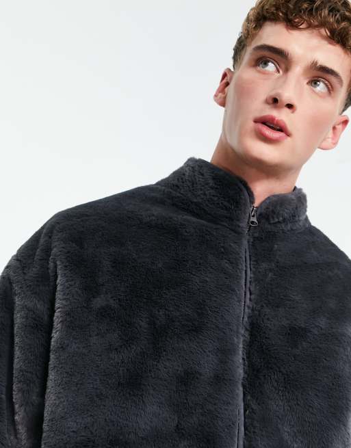 ASOS DESIGN oversized track jacket in washed black faux fur | ASOS