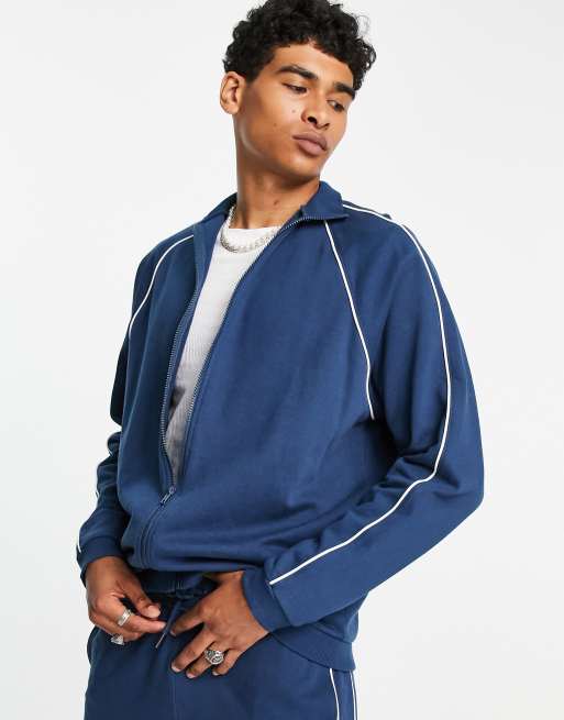ASOS DESIGN oversized track jacket with piping in navy (Part of a co-ord)