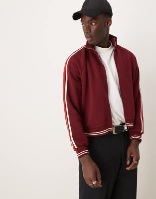 Asos Design Oversized Track Jacket With Tipping In Burgundy-Red