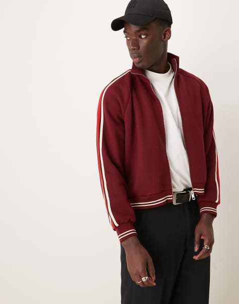 ASOS DESIGN oversized track jacket with tipping in burgundy - view 1
