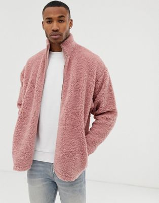 ASOS DESIGN oversized track top in pink teddy borg-Rosa