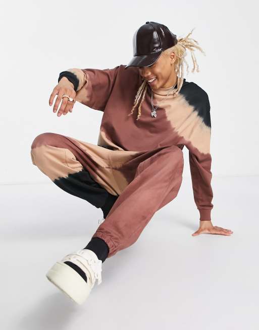 ASOS DESIGN oversized trackies in brown with tie dye details (part of a set), 3 of 4