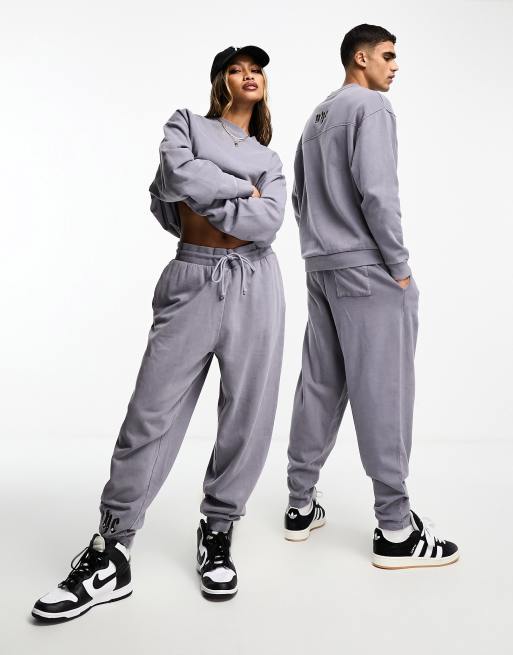 ASOS DESIGN oversized trackies in washed charcoal with embroidery (part of a set), 2 of 4