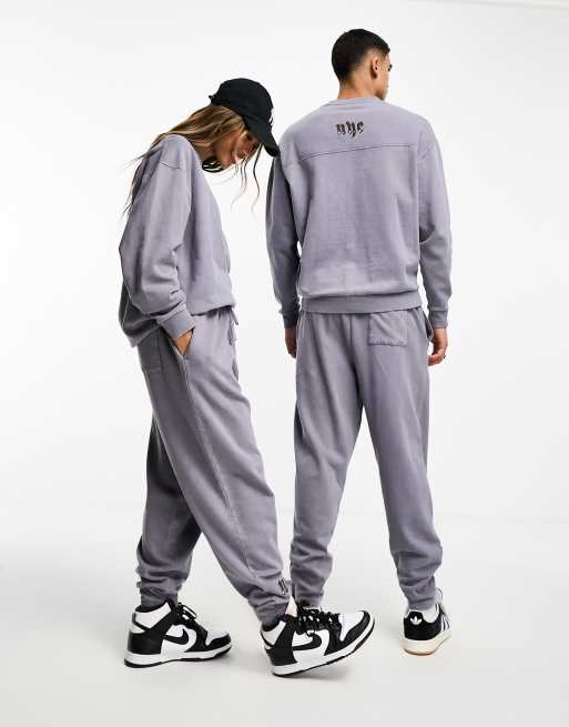 ASOS DESIGN oversized trackies in washed charcoal with embroidery (part of a set), 4 of 4
