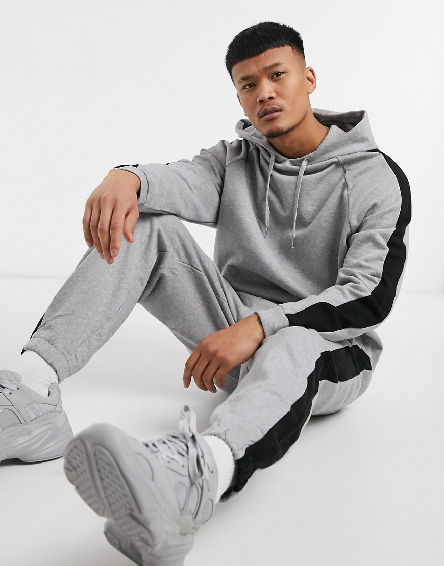 Asos Design Oversized Tracksuit In Gray Heather With Colorblock Side Stripe-grey