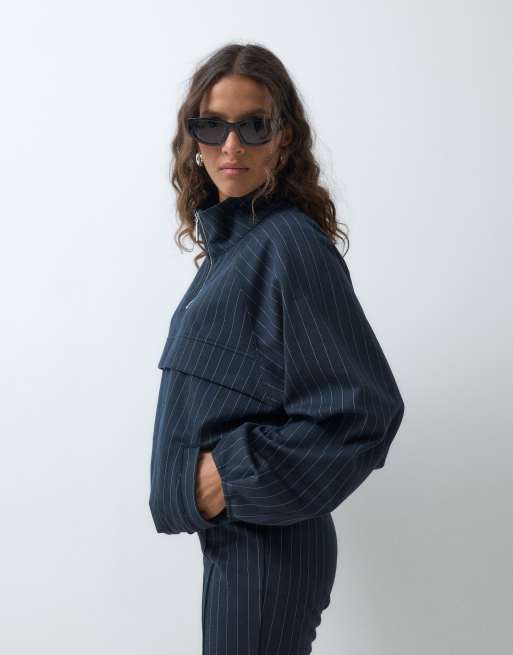 ASOS DESIGN oversized trainingsjack met halve rits en krijtstreep van jersey in marineblauw, 4 van 5