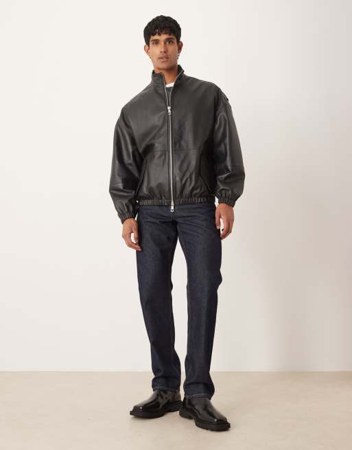 ASOS DESIGN - Oversized trainingsjack van echt leer in zwart, 2 van 5