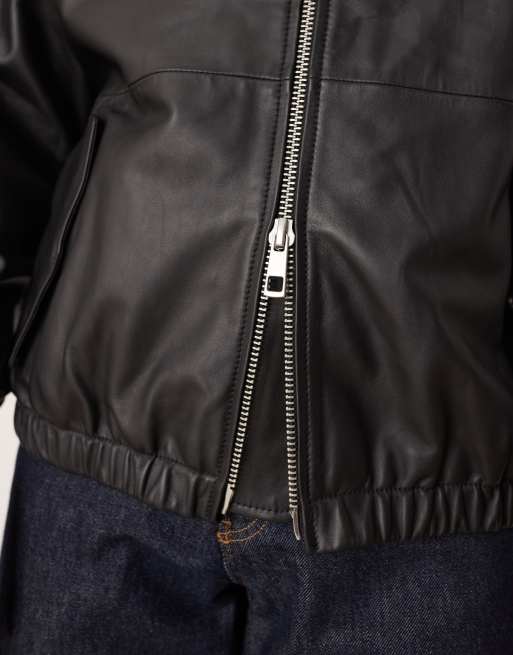 ASOS DESIGN - Oversized trainingsjack van echt leer in zwart, 5 van 5