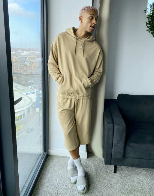 ASOS DESIGN - Oversized trainingspak met hoodie en oversized short in beige