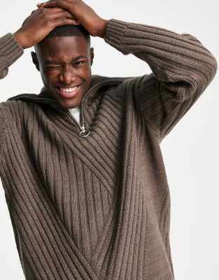 Asos Design Oversized Traveling Rib Half Zip Sweater In Tobacco Brown